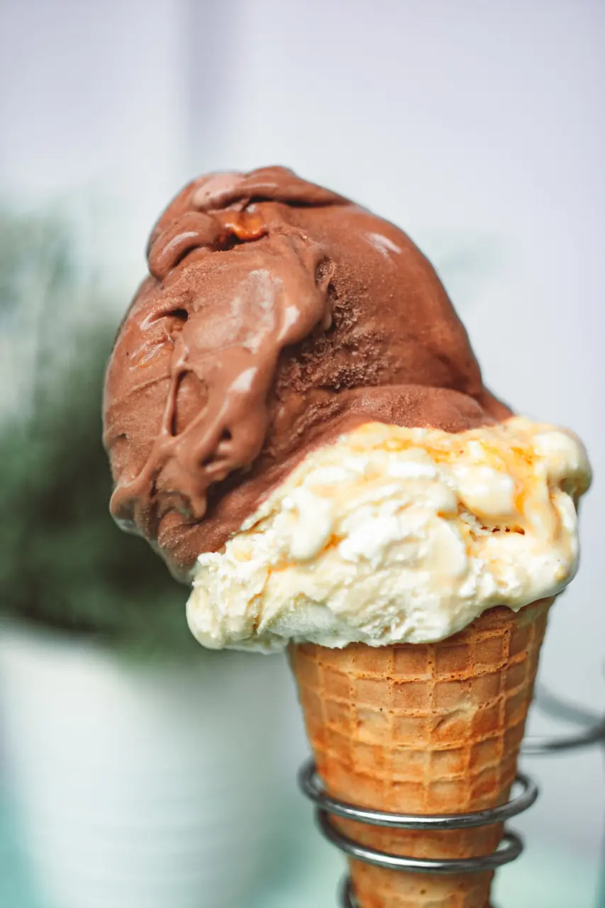 Artisan chocolate and vanilla ice cream scoops showcasing delicate churned textures