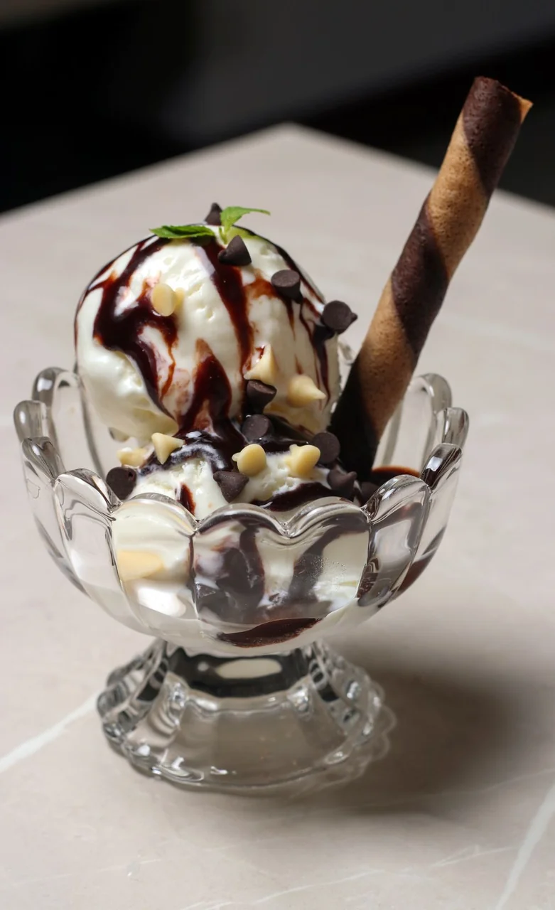 Classic ice cream sundae served with warm chocolate sauce and wafer crisp